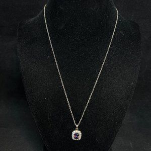 Vintage Sterling Silver Necklace W/Purple And Clear Rhinestones Signed RJ (4028)